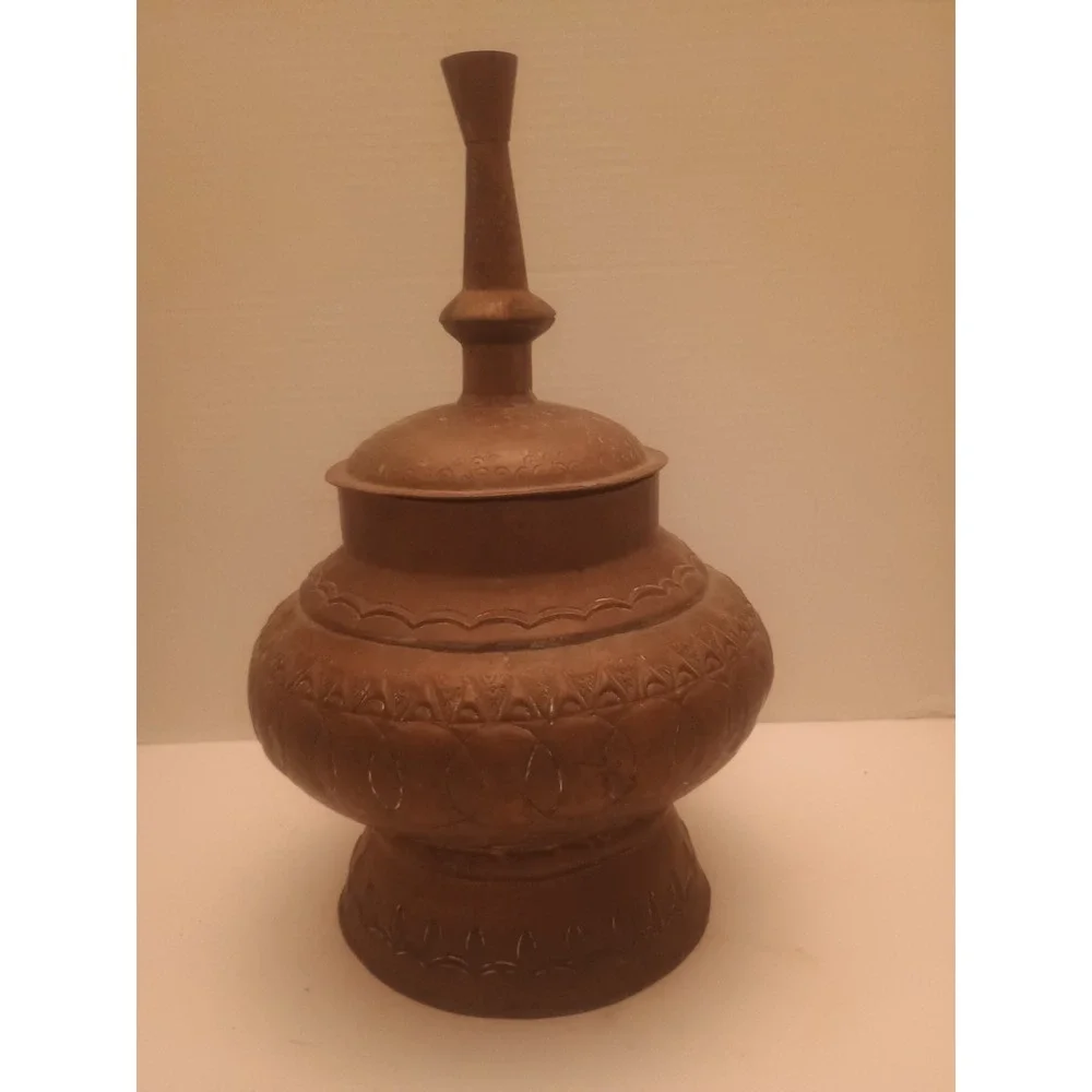Vintage Copper Lidded Vessal Brown Etched Design Pedestal Base  13